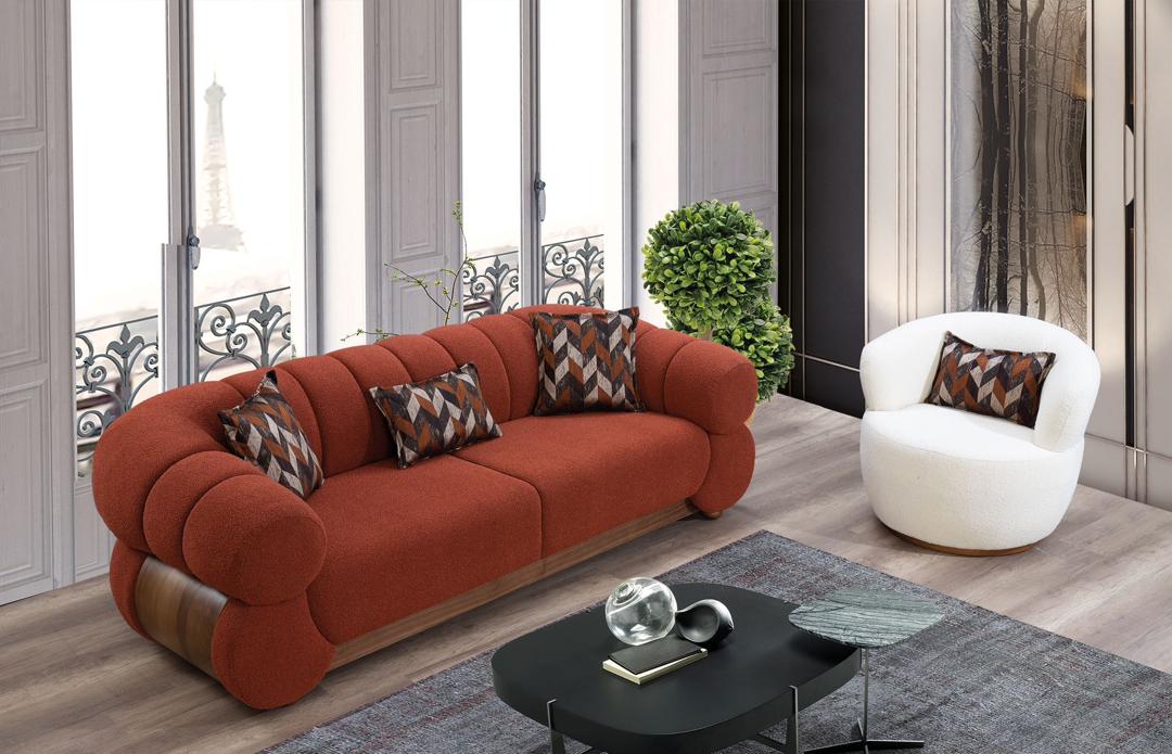 SALON ORBIS 3-3-1 EN TISSU BEIGE ET ORANGE