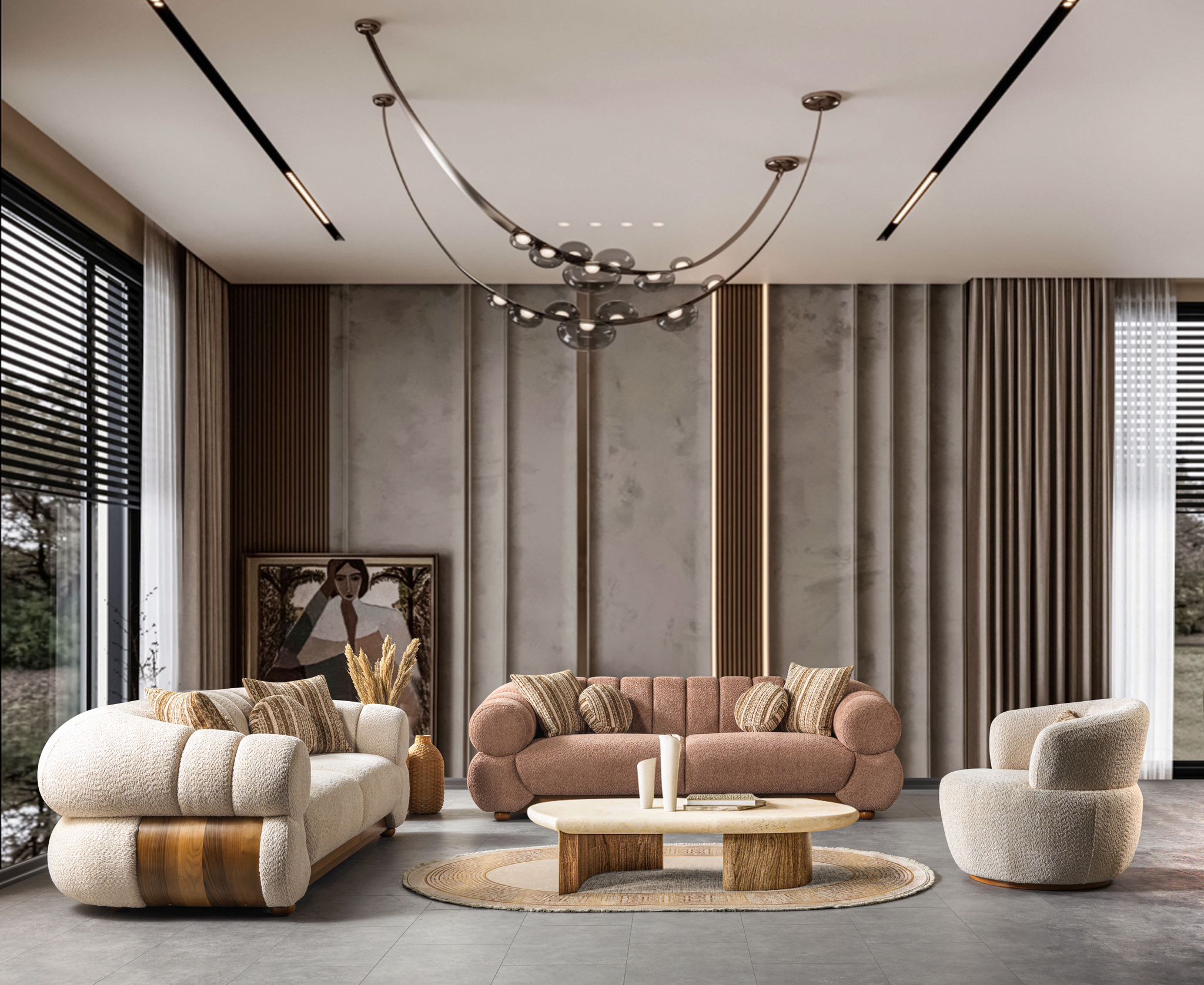 SALON ORBIS  3-3-1 EN TISSU BEIGE SAUMON