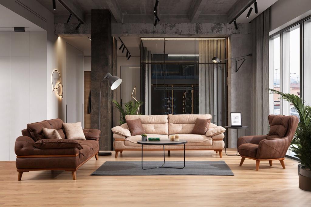 SALON SOFA  3-3-1 EN TISSU MARRON BEIGE