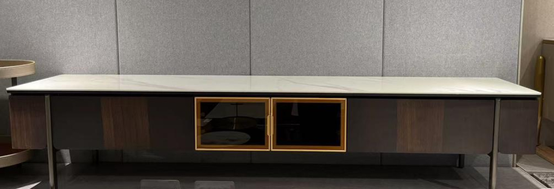 MEUBLE TV BOHEM  EN BOIS MARRON  ET MARBRE  BLANC 200X50 CM