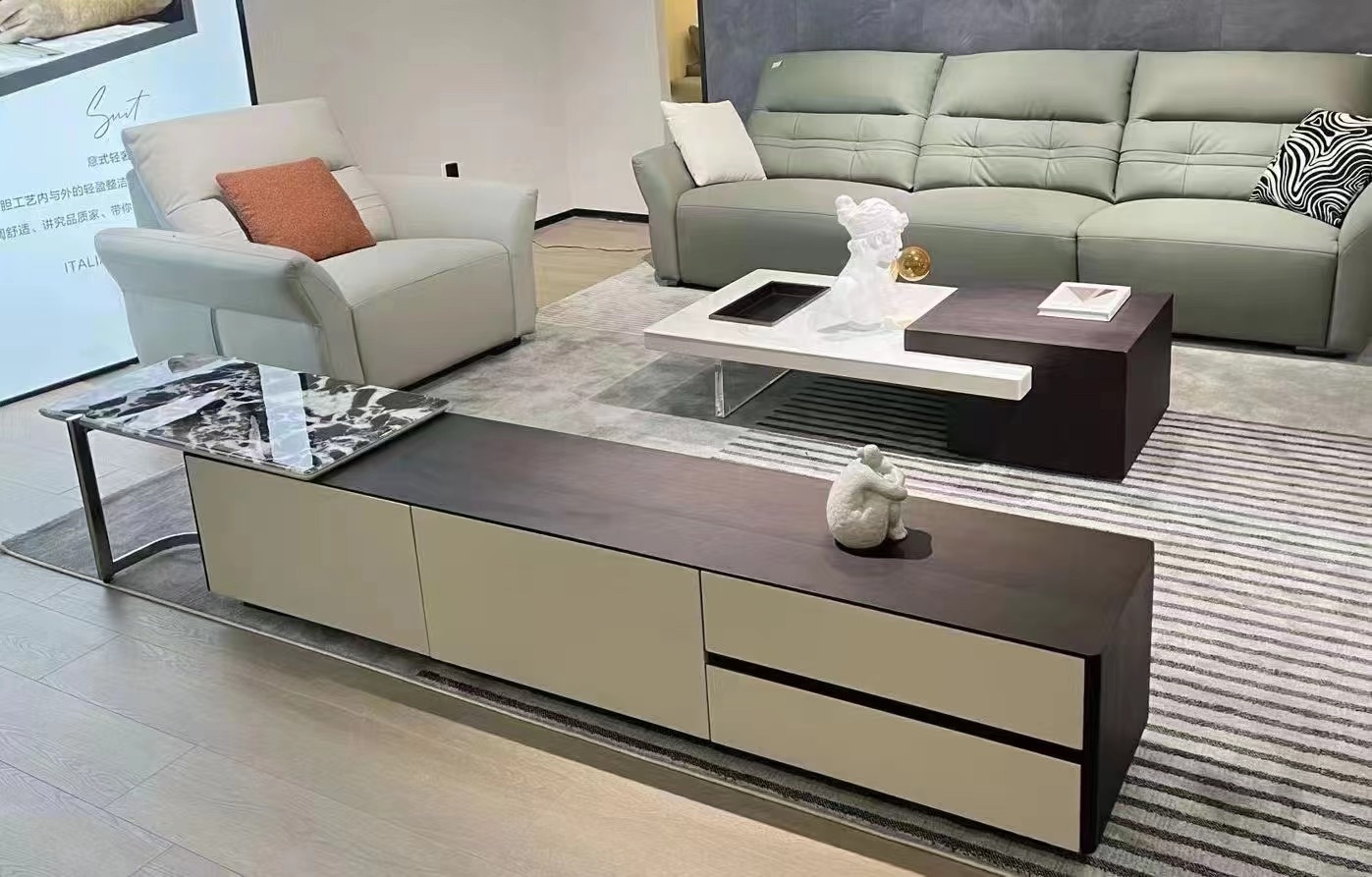 MEUBLE TV ELLE 120X 65CM  ET TABLE BASSE  220X 65CM EN BOIS MARRON  ET MARBRE BLANC
