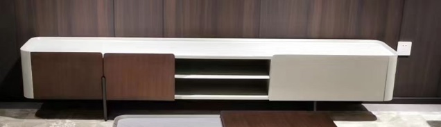 MEUBLE TV PEBLE EN  BOIS MARRON BEIGE  ET MARBRE BLANC 220X50CM