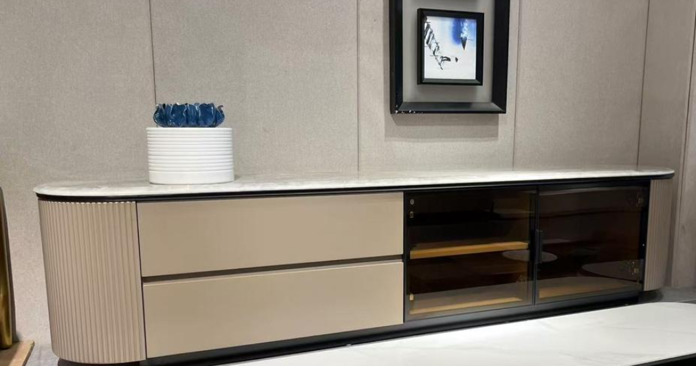 MEUBLE TV QUATRO EN BOIS BEIGE ET MARBRE  BLANC 200X60 CM