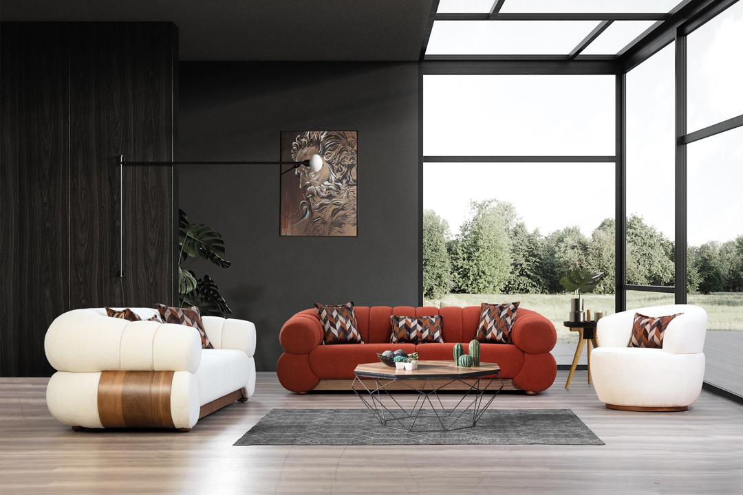 SALON ORBIS 3-3-1 EN TISSU BEIGE ET ORANGE