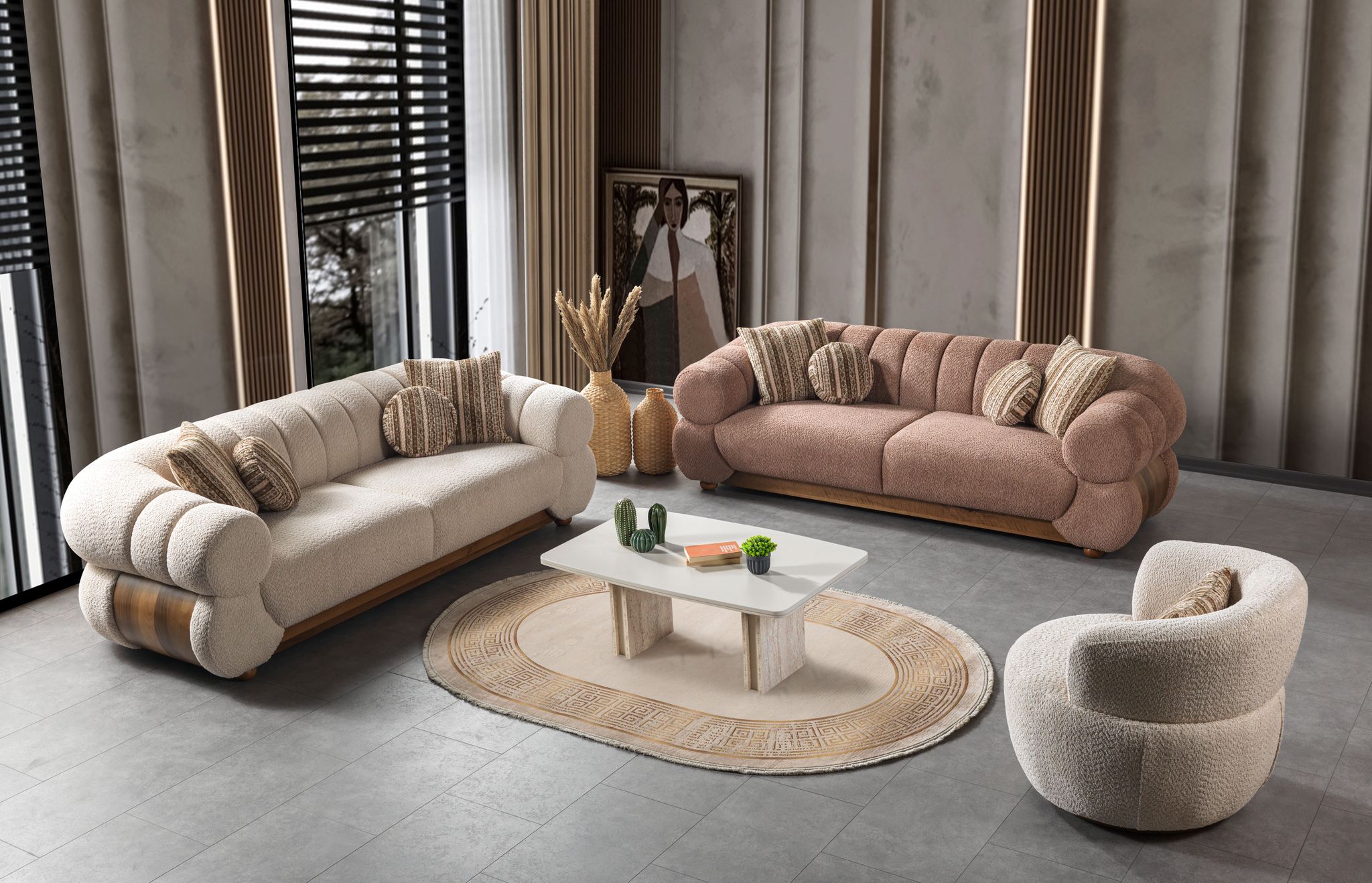 SALON ORBIS  3-3-1 EN TISSU BEIGE SAUMON